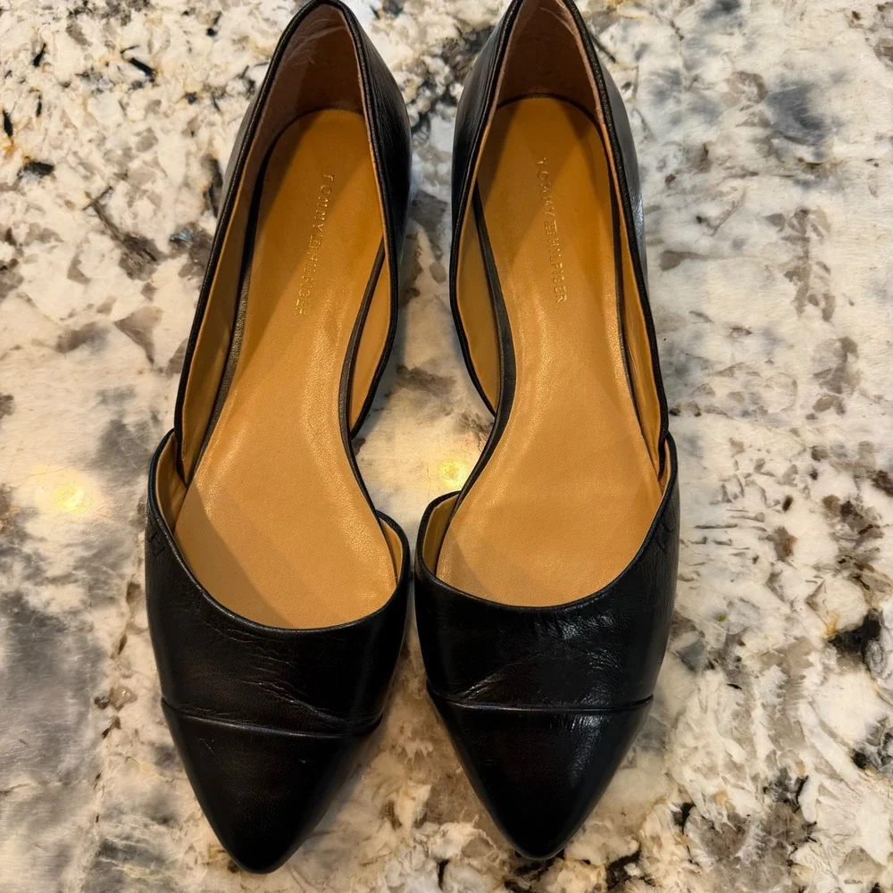 Tommy Hilfiger Narcee Black Leather Pointed Toe d'Orsay Cap Toe Flats‎ Mens 8M